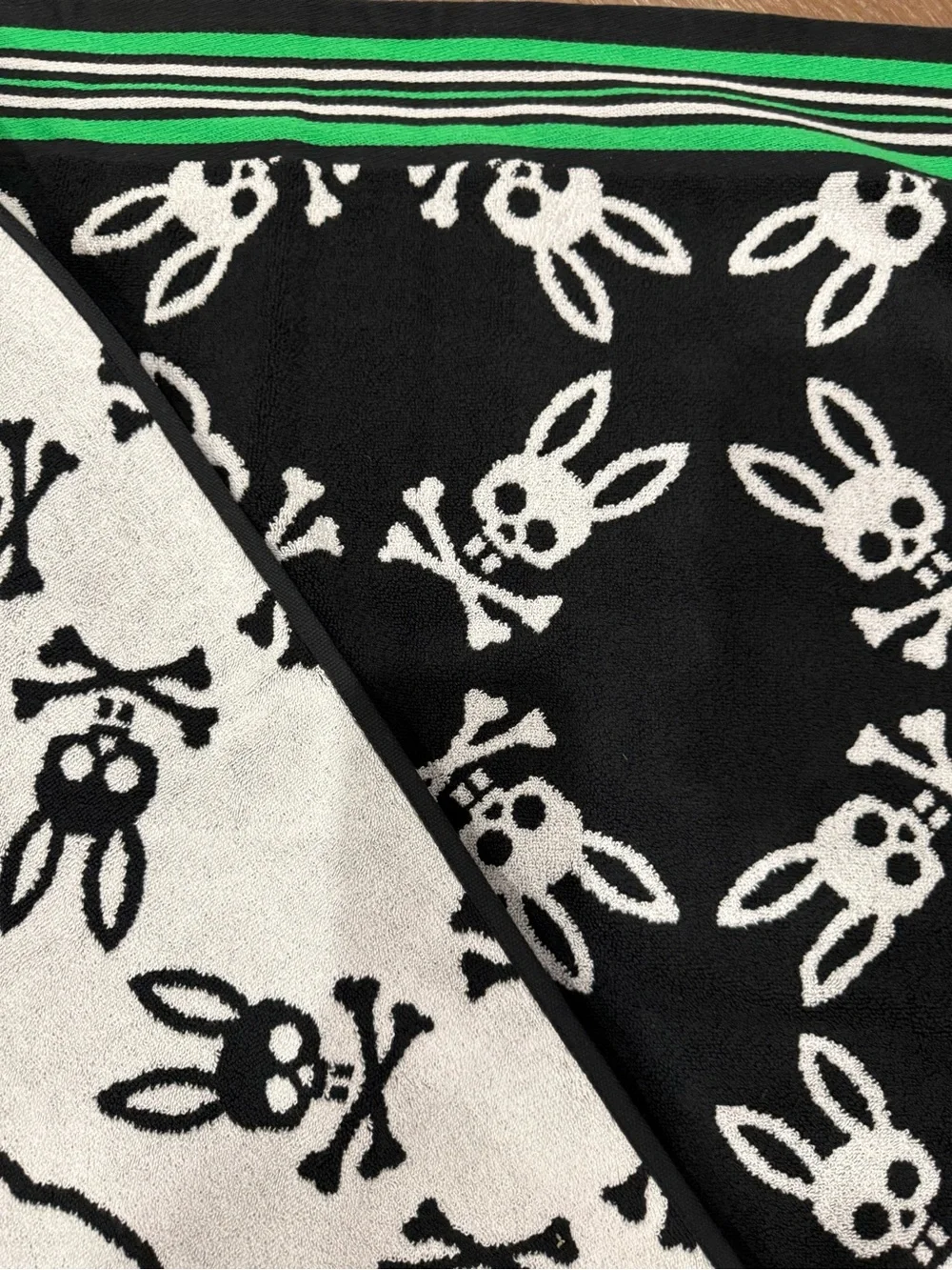 Psycho Bunny Black, White & Green Striped Knit Scarf with Logo Tag